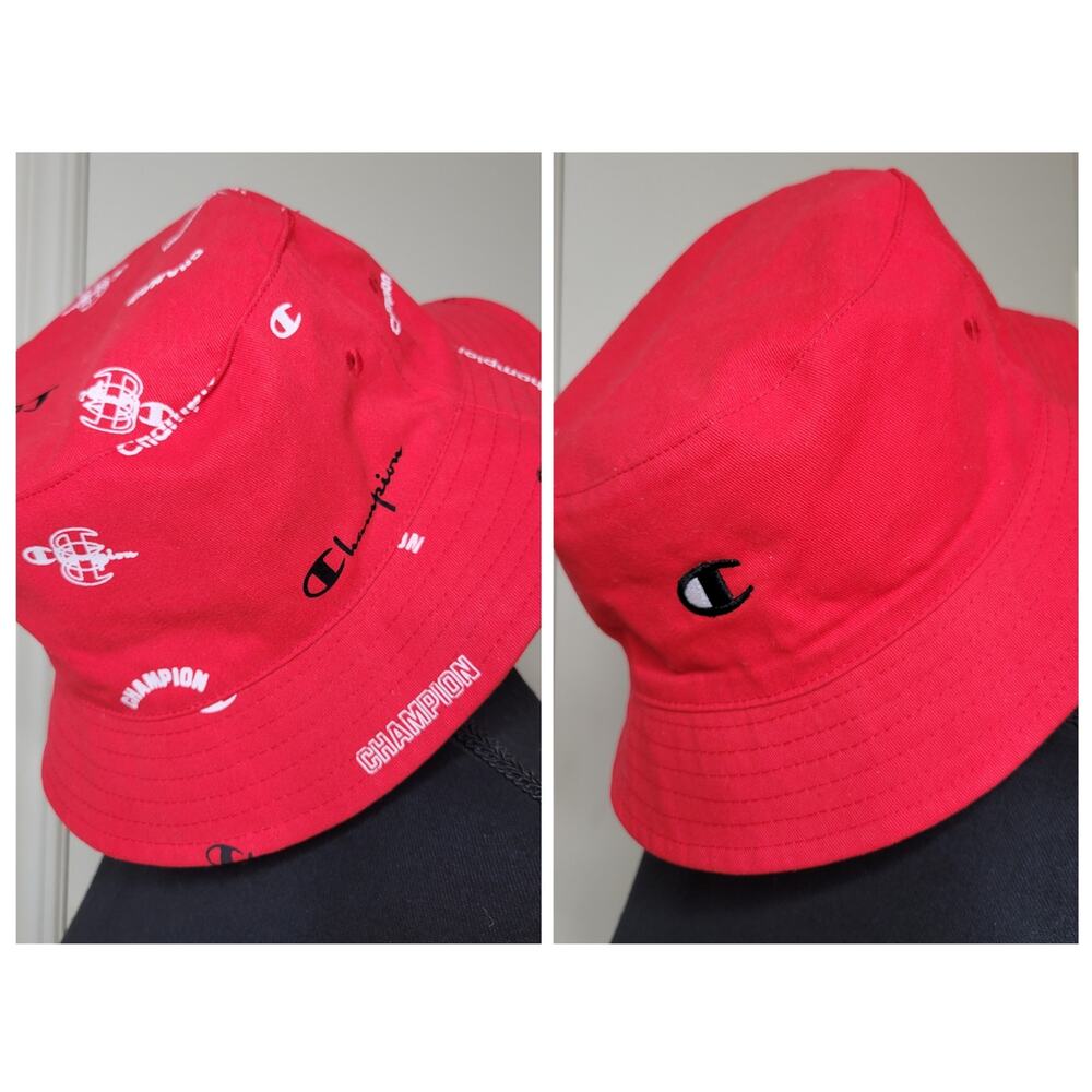 NWOT Champion Reversible Logo Script Bucket Hat L/XL Red All Over Print Spellout
